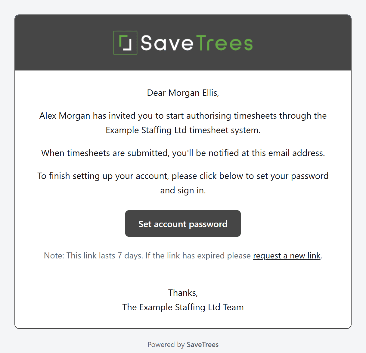 The invitation email for a new authoriser, with the Set account password button.