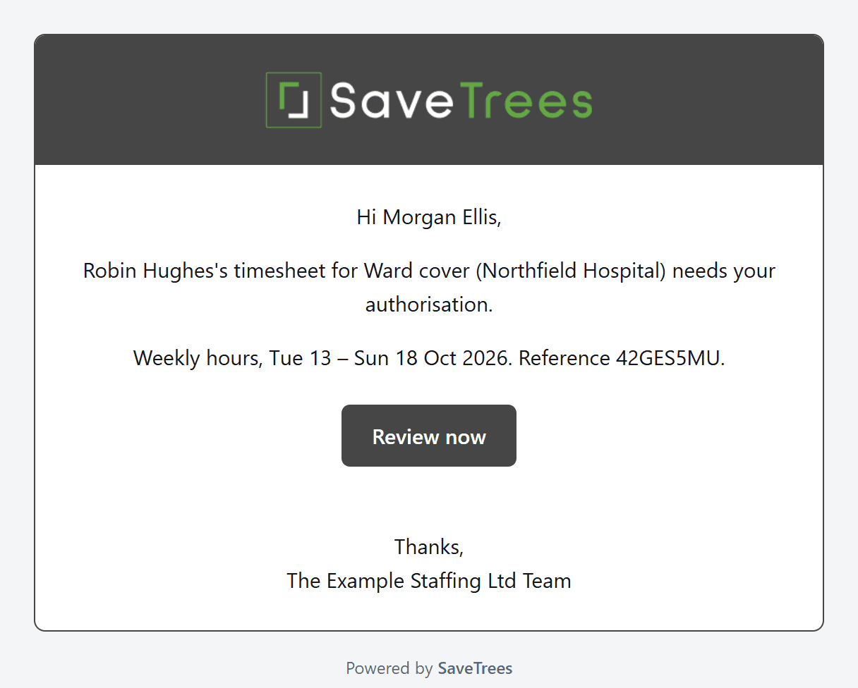 The email saying a timesheet needs your authorisation, with the Review now button.