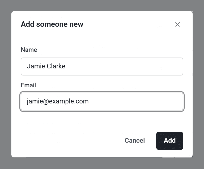 The Add someone new window with Name Jamie Clarke and Email jamie@example.com.