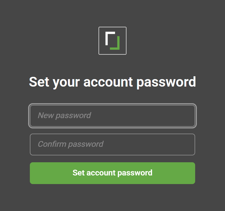 The Set your account password page, with New password and Confirm password boxes and a Set account password button.