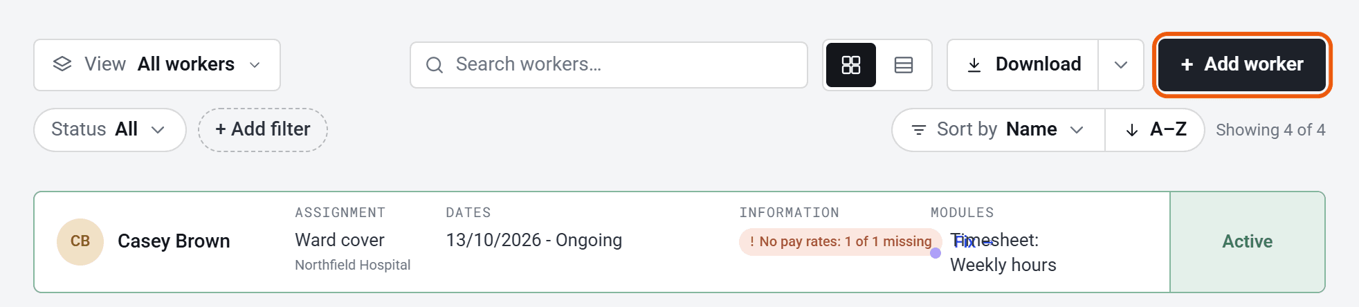 The Workers list, with the Add worker button ringed.