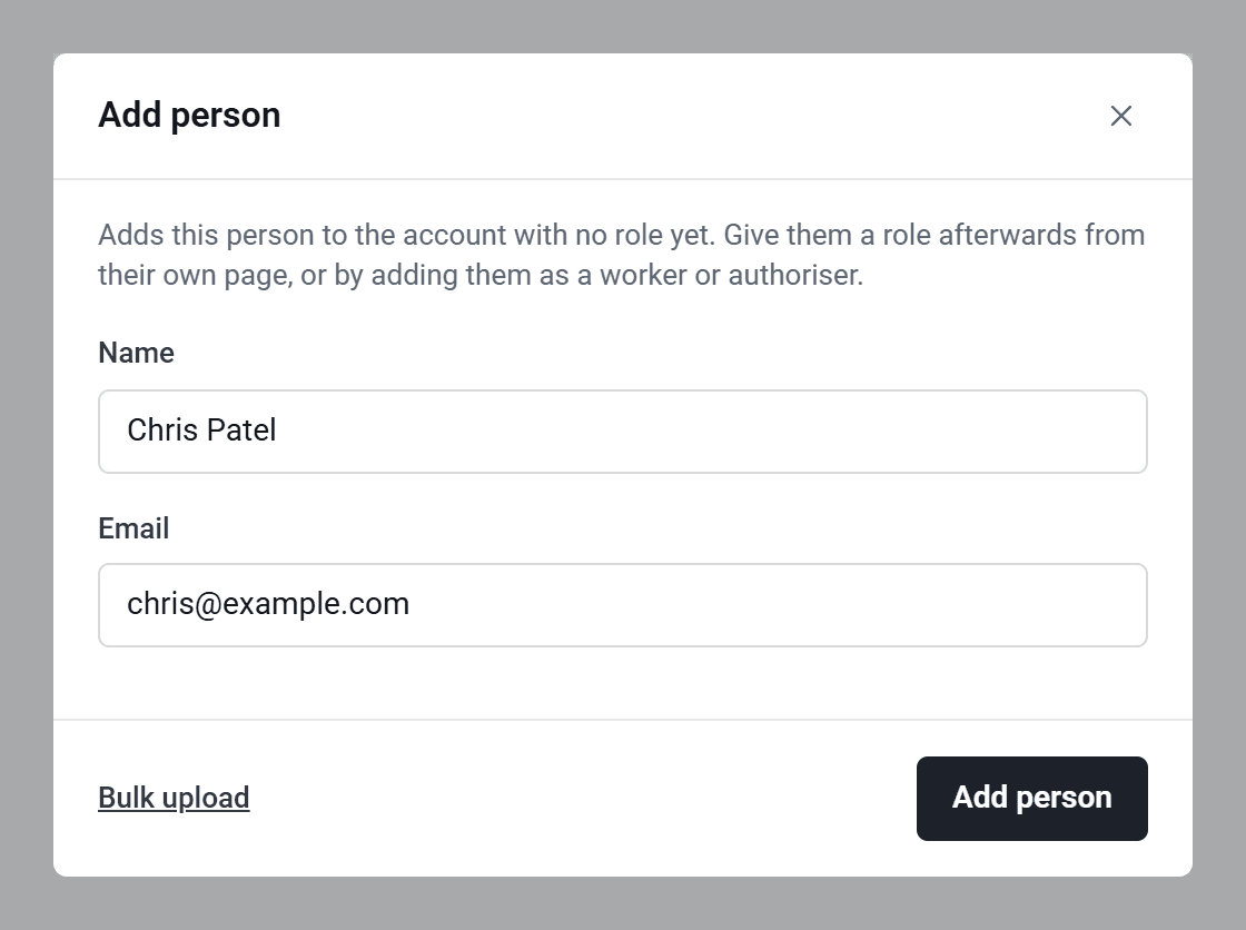 The Add person window, with a name and email address filled in.
