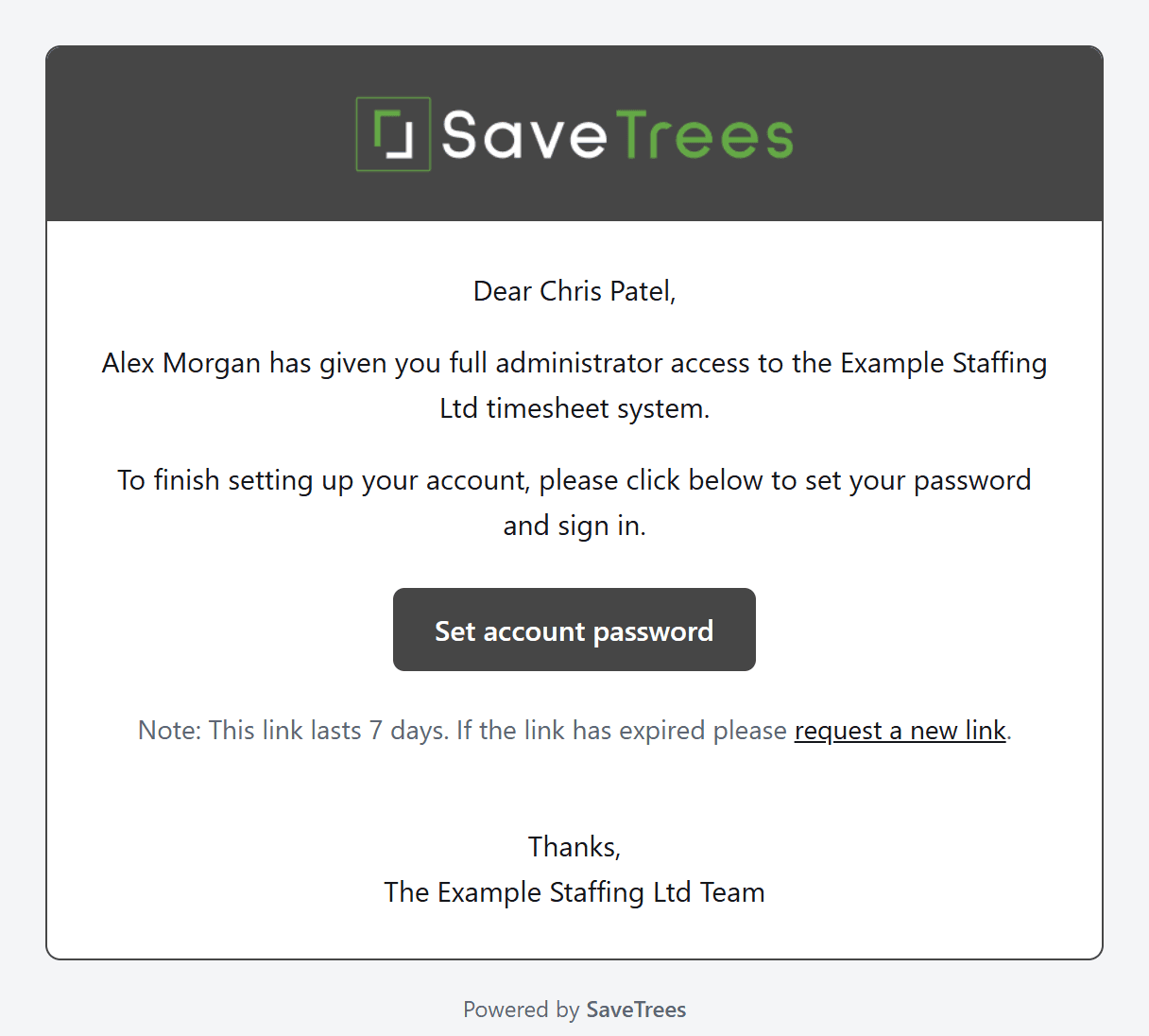 The invitation email, saying they’ve been given administrator access, with the Set account password button.