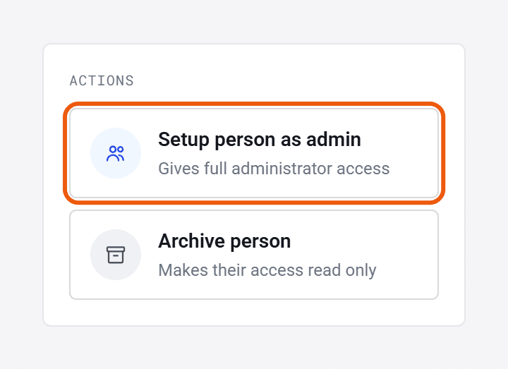 The Actions panel on a person’s page, with Setup person as admin and Archive person.