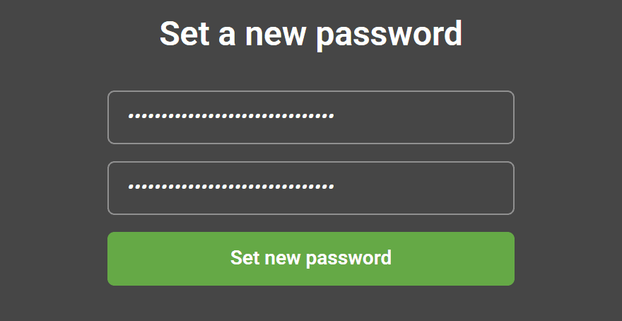 The Set a new password page, with a password typed into both boxes.