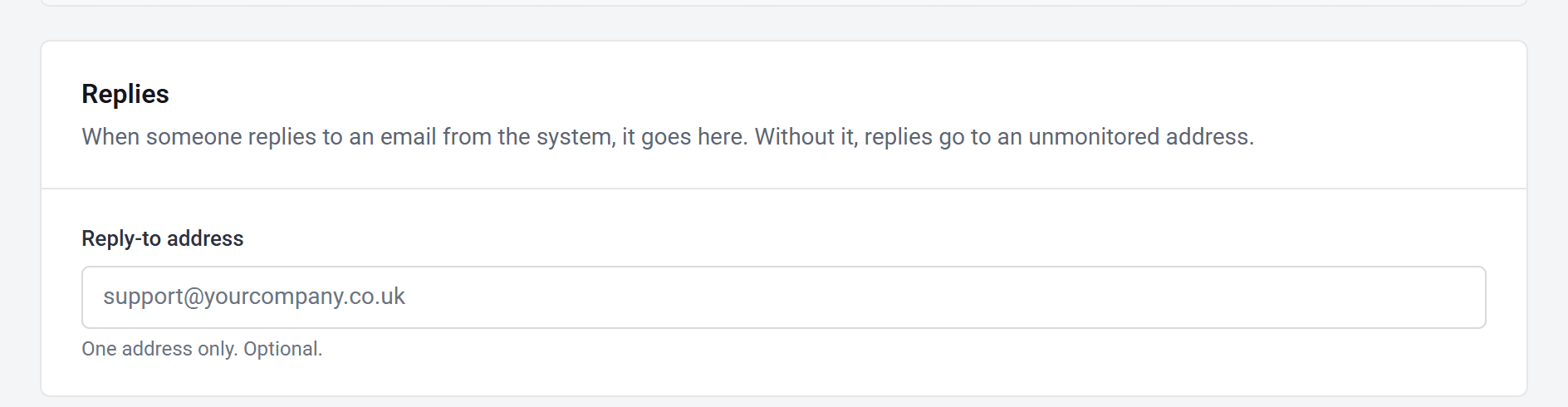 The Replies card with the Reply-to address box.