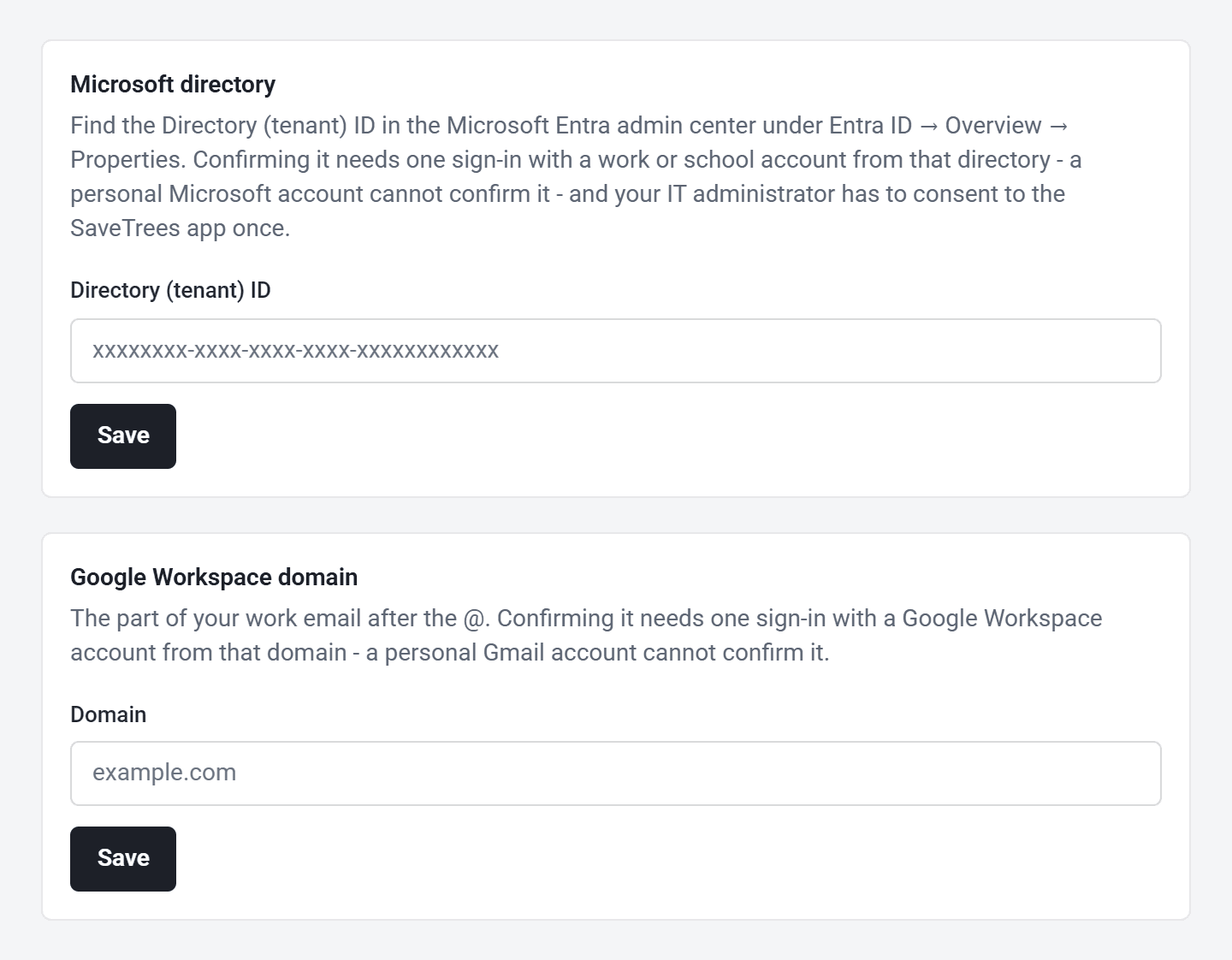 The Sign-in & SSO page, with the Microsoft directory and Google Workspace domain sections.
