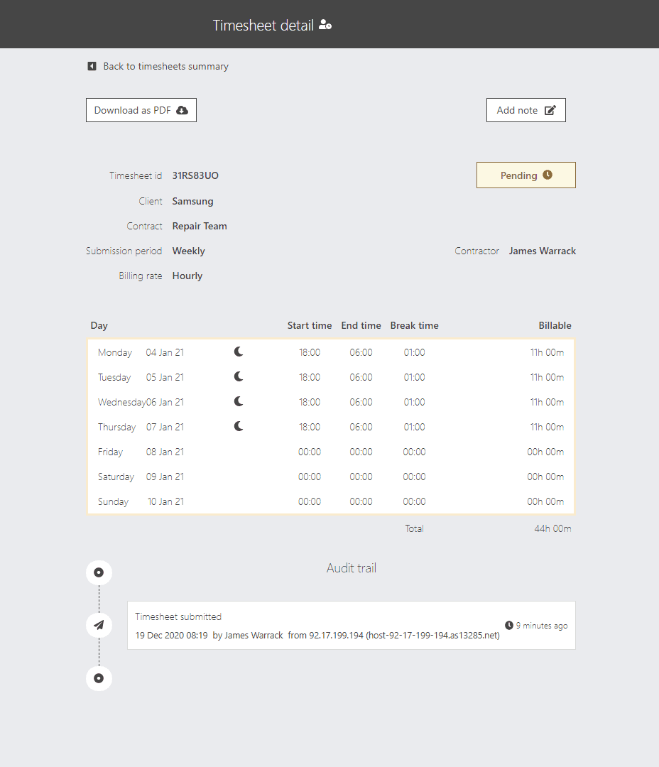 Timesheet detail with night shifts