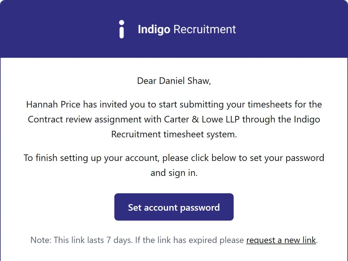 An email from Indigo Recruitment, in its colours