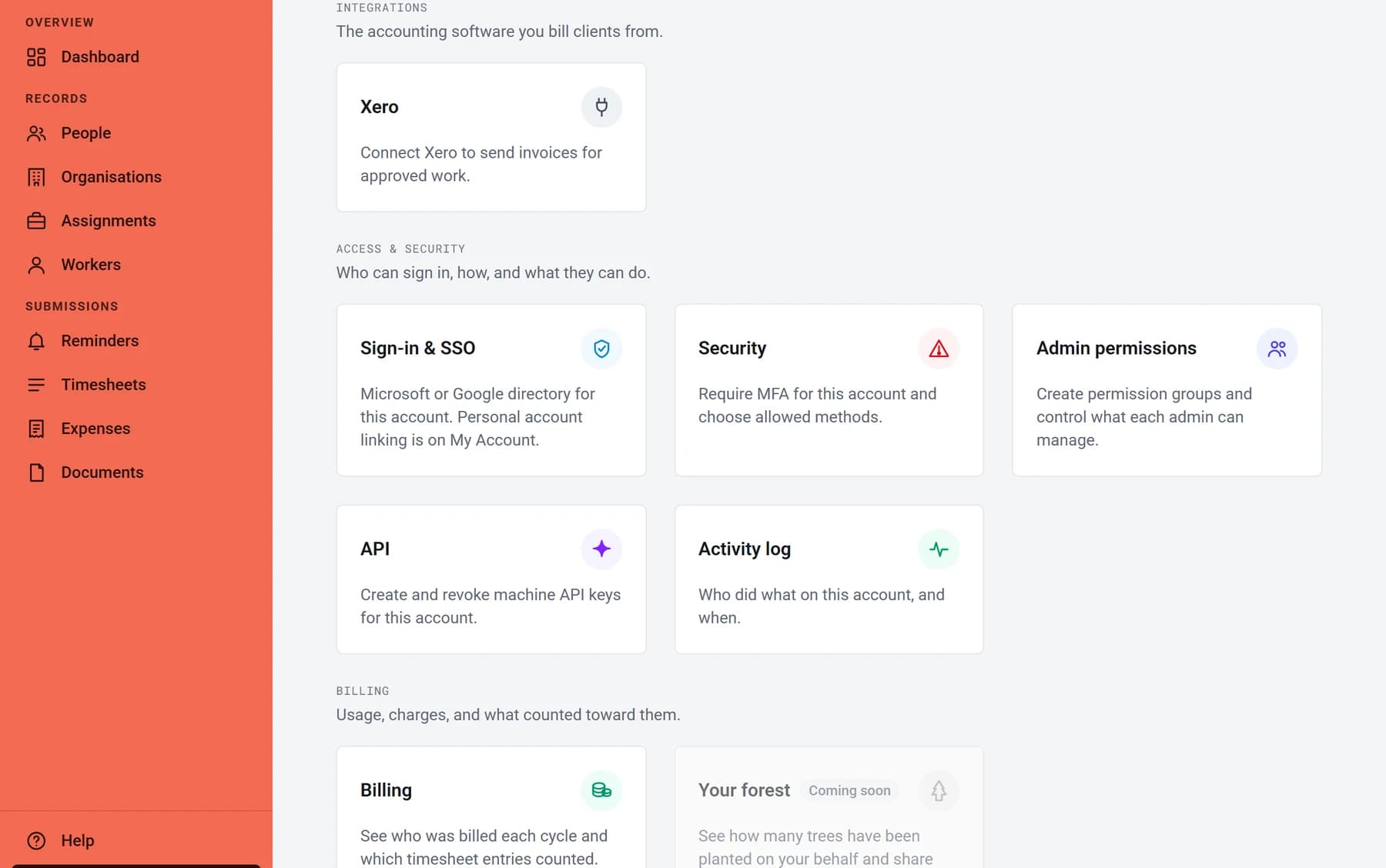 The Settings page's access and security cards: Sign-in and SSO, and Security, where MFA is required.