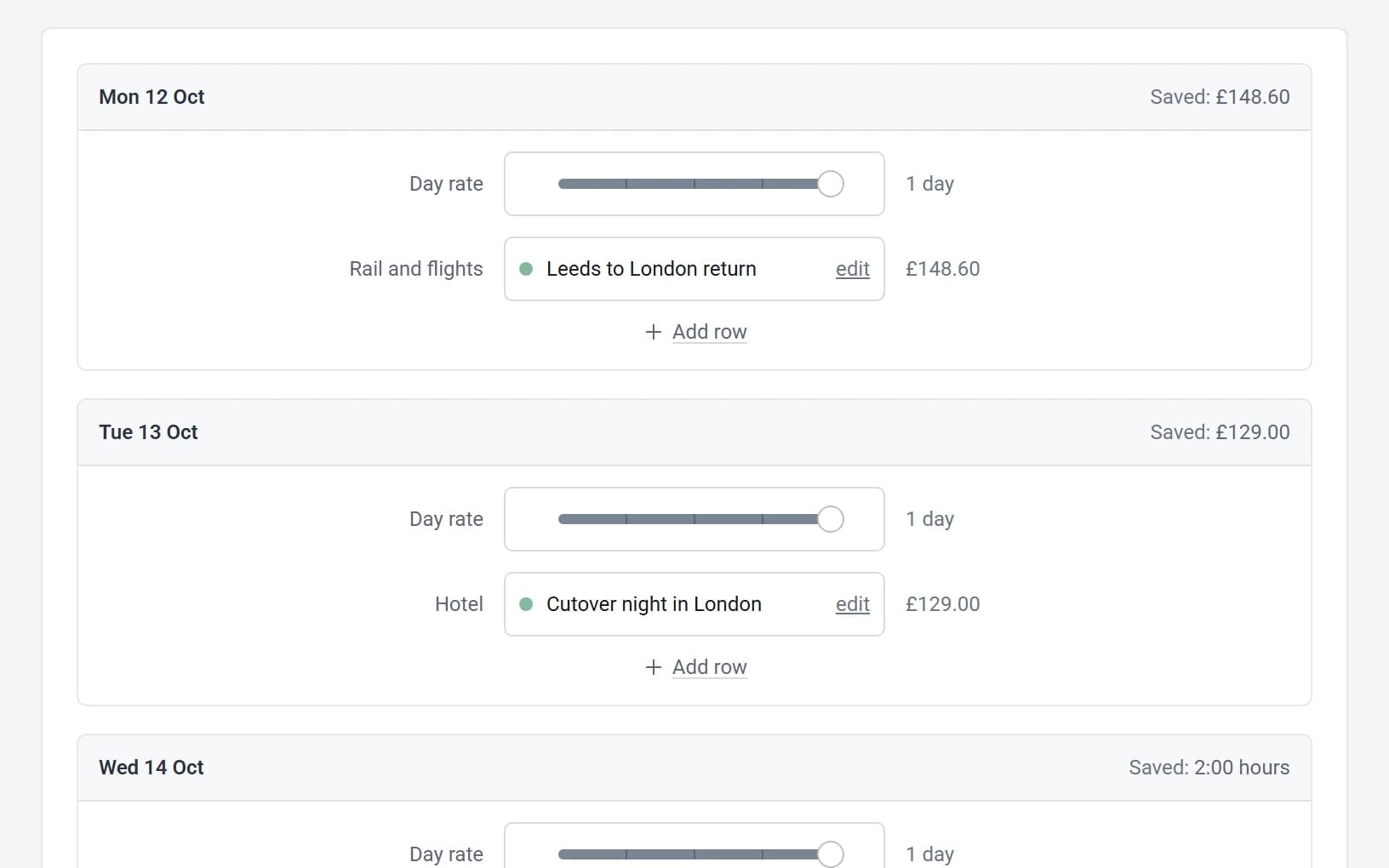 A week on a day rate: a full day each day, with the train to London on Monday and a hotel on Tuesday added to the timesheet.