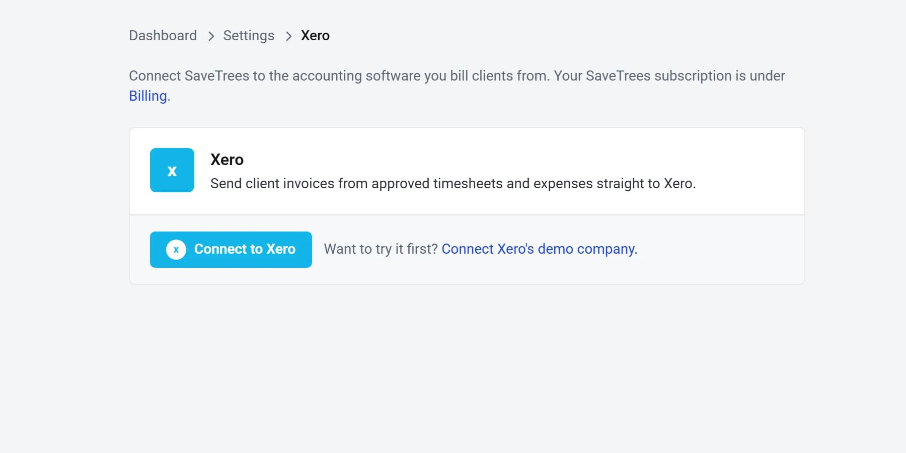 The Xero card in SaveTrees settings, with a Connect to Xero button.