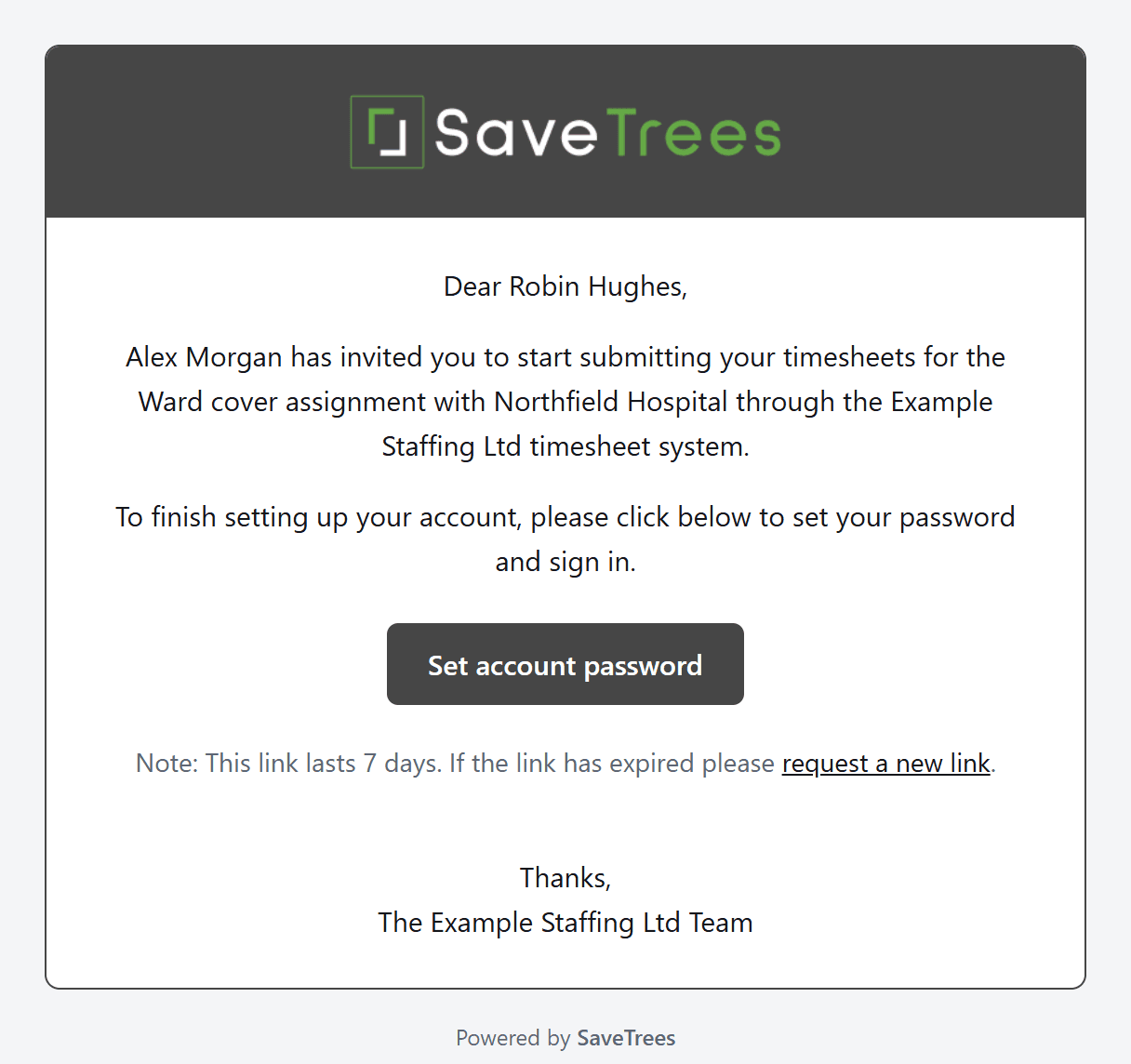 The invitation email, with the Set account password button.