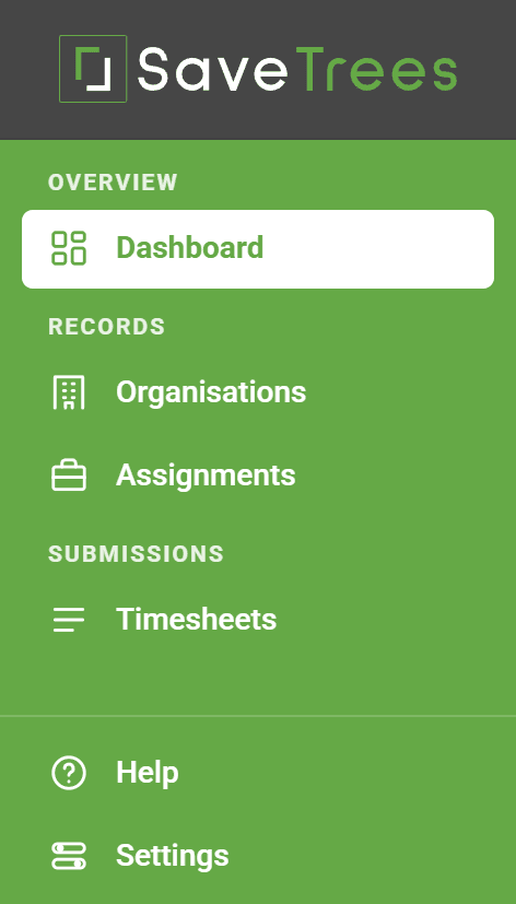 The worker’s menu: Dashboard, Organisations, Assignments and Timesheets, with Help and Settings at the bottom.