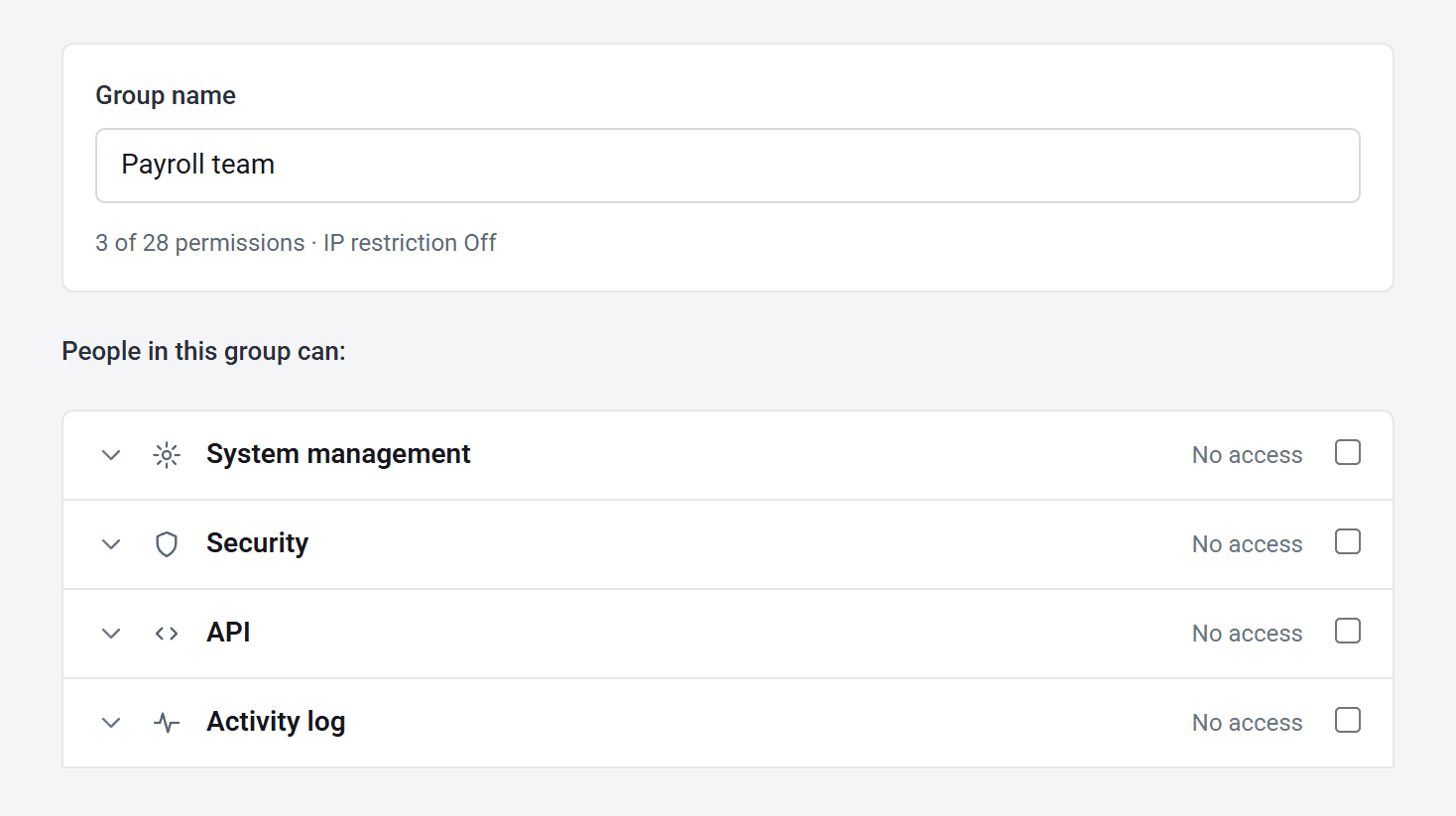 The Add permission group form, with Payroll team as the group name above the list of permission sections.