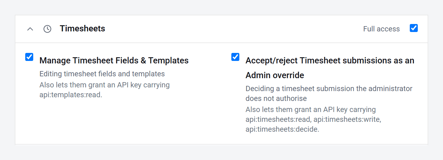 The Timesheets section opened, with both of its permissions ticked.