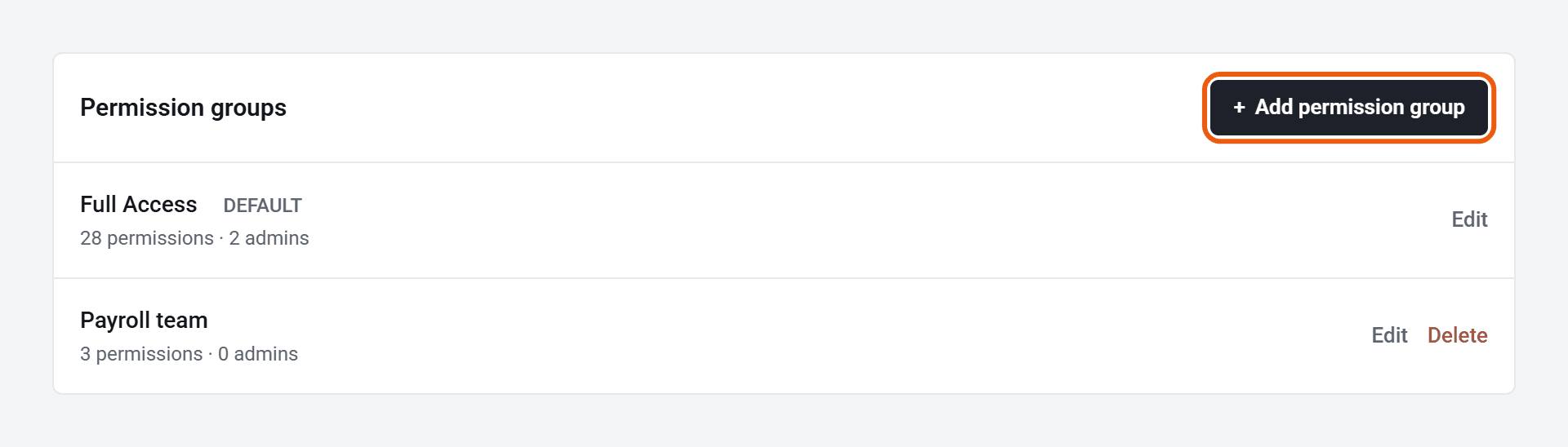 The Admin permissions page, listing Full Access (the default, with 28 permissions and 2 admins) and Payroll team (3 permissions, no admins).