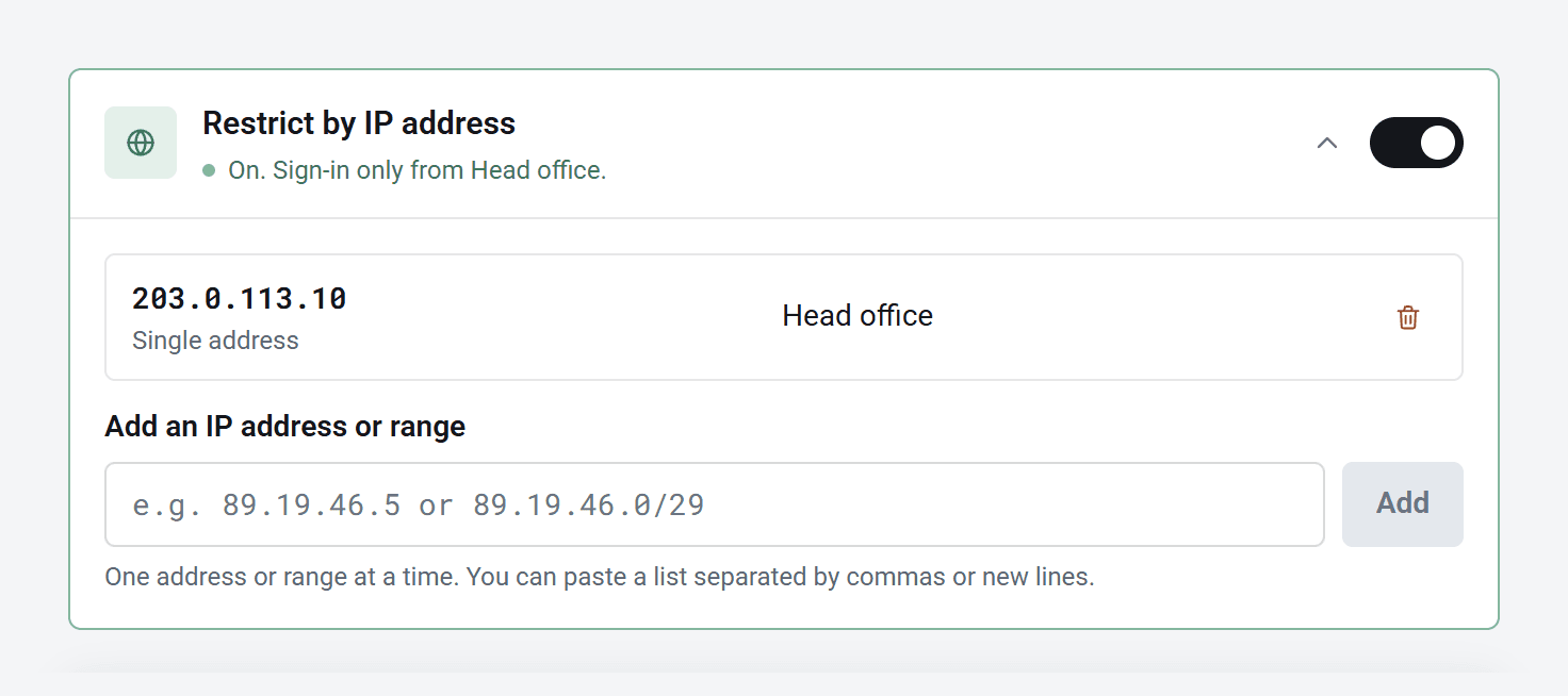 The Restrict by IP address card, switched on, reading: On. Sign-in only from Head office. The address 203.0.113.10 is labelled Head office.