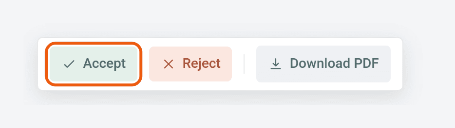 The buttons at the bottom of a pending timesheet: Accept (ringed), Reject and Download PDF.