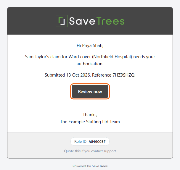 The email saying Sam Taylor’s claim needs your authorisation, with the Review now button ringed.