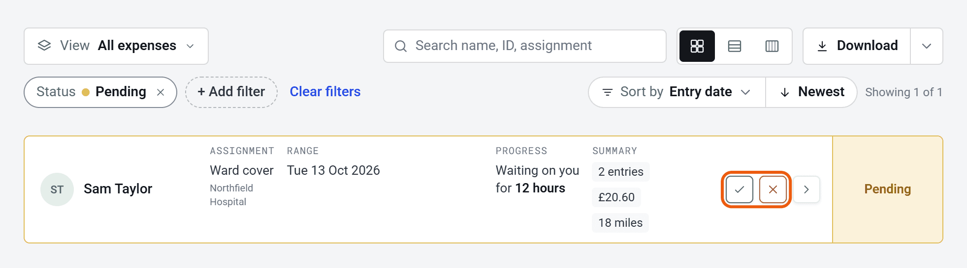 The Expenses list filtered to Pending. Sam Taylor’s claim says Waiting on you for 12 hours, with its tick and cross buttons ringed.