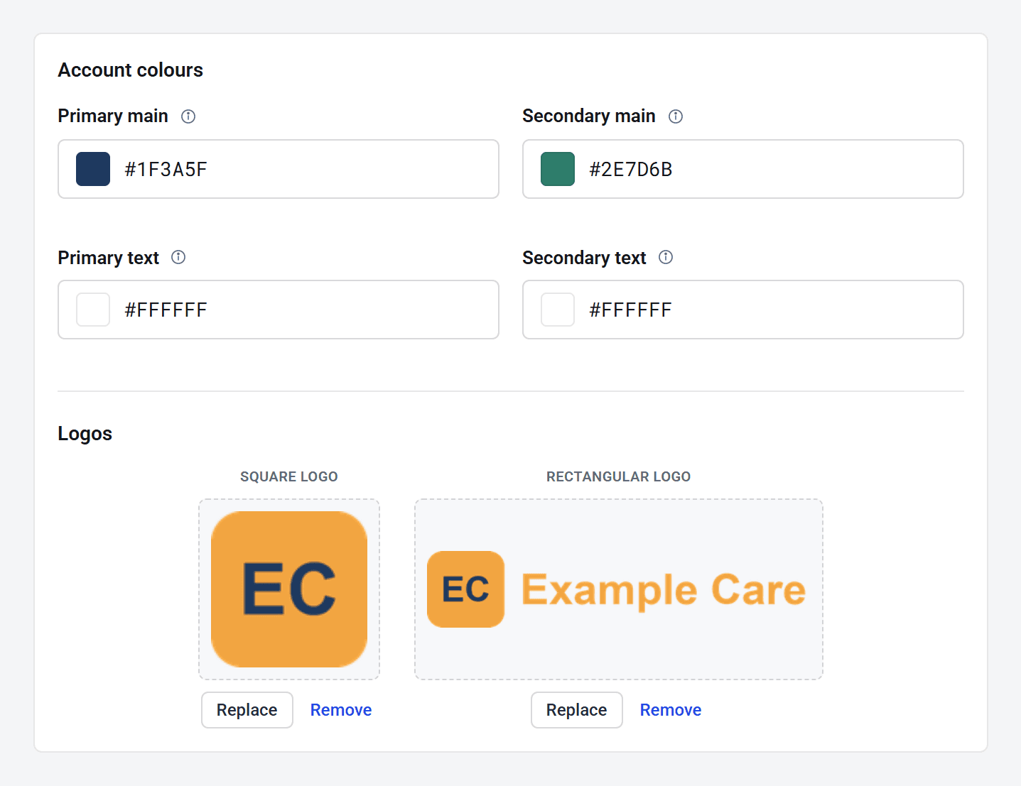Account colours filled in with navy and teal, and both logos uploaded, each with Replace and Remove buttons below.