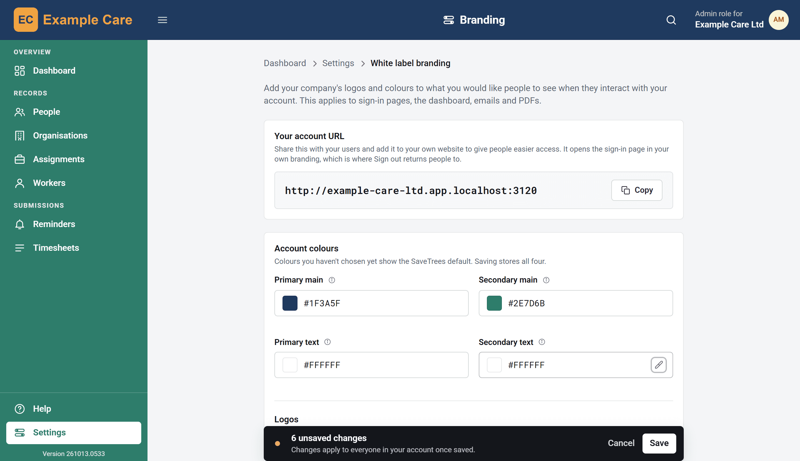 The Branding page with new navy and teal colours and an Example Care logo showing in the top bar and menu, and a bar at the bottom saying 6 unsaved changes, with Cancel and Save.
