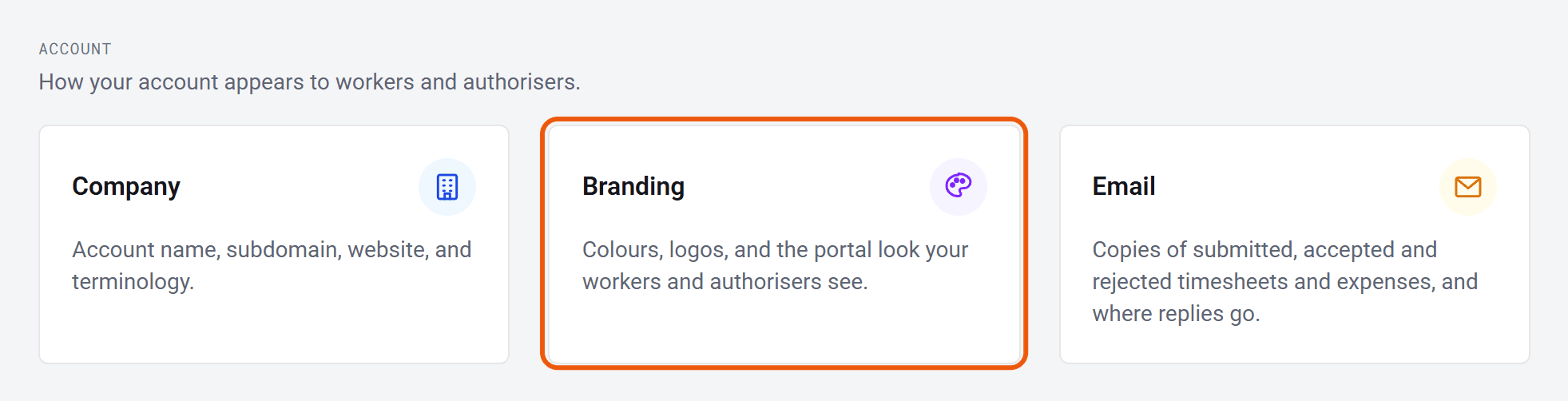 The Settings page, with the Branding card between Company and Email under the Account heading.