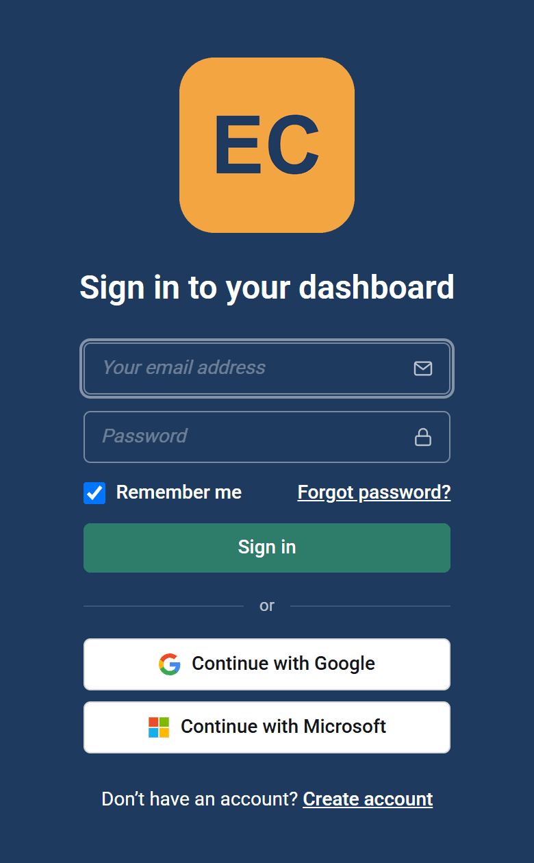 A branded sign-in page on a phone: the square Example Care logo on a navy background, with a teal Sign in button.