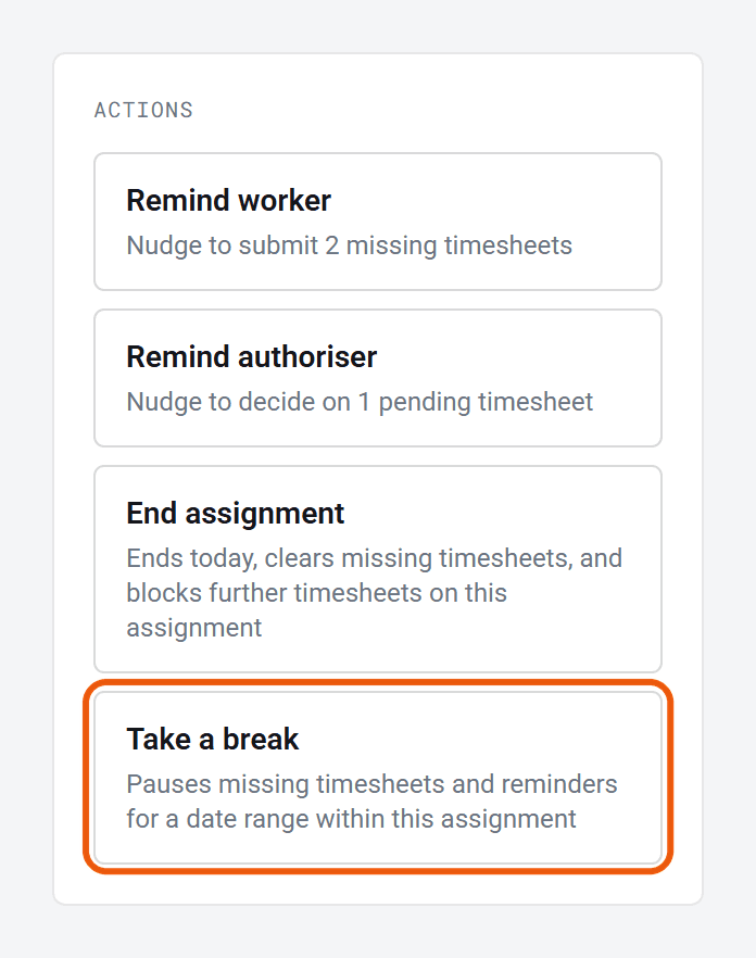 The Actions box on a worker’s page: Remind worker, Remind authoriser, End assignment, and Take a break, which is ringed.
