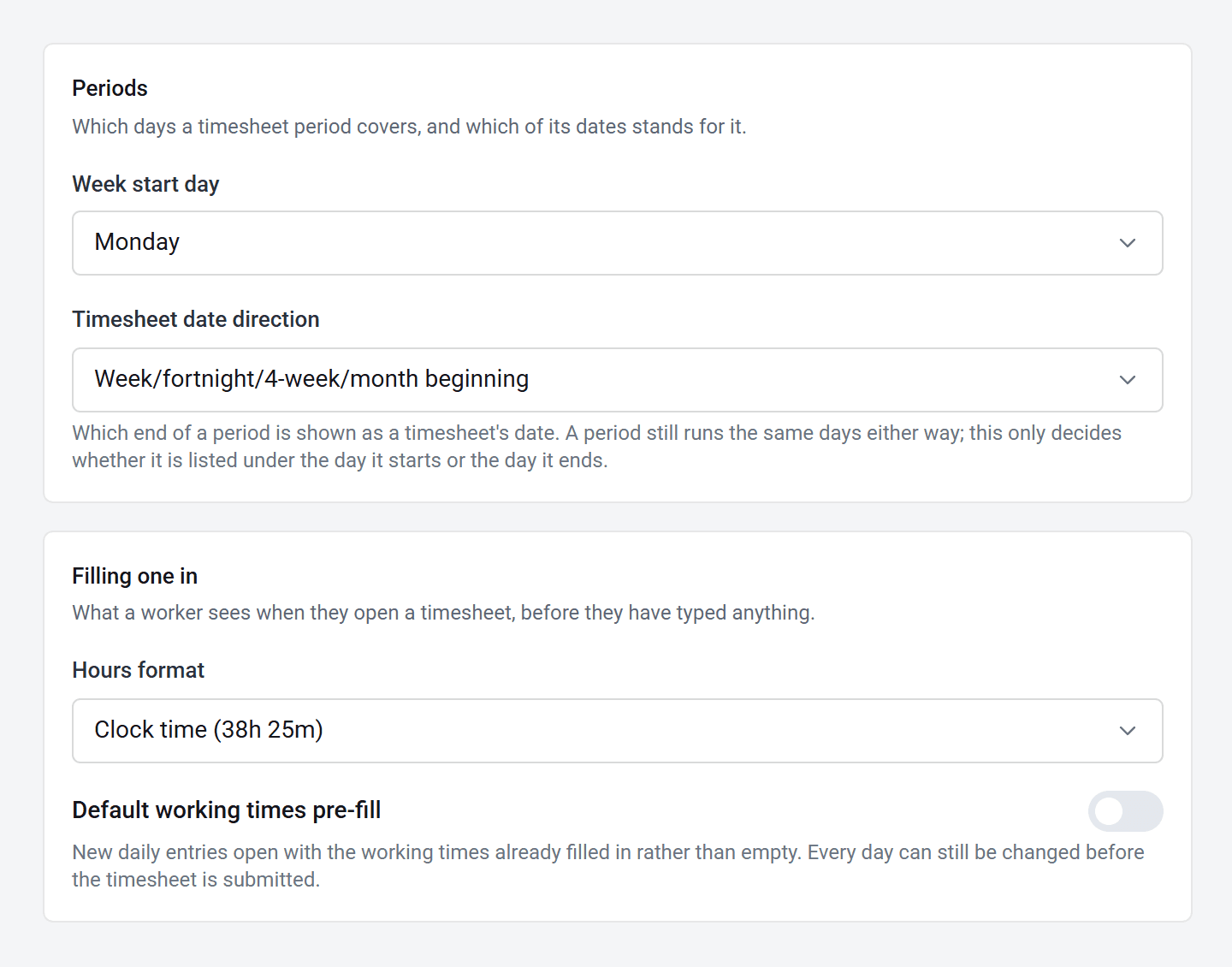 The top of Timesheet settings: Week start day set to Monday, Timesheet date direction, Hours format and the Default working times pre-fill switch.