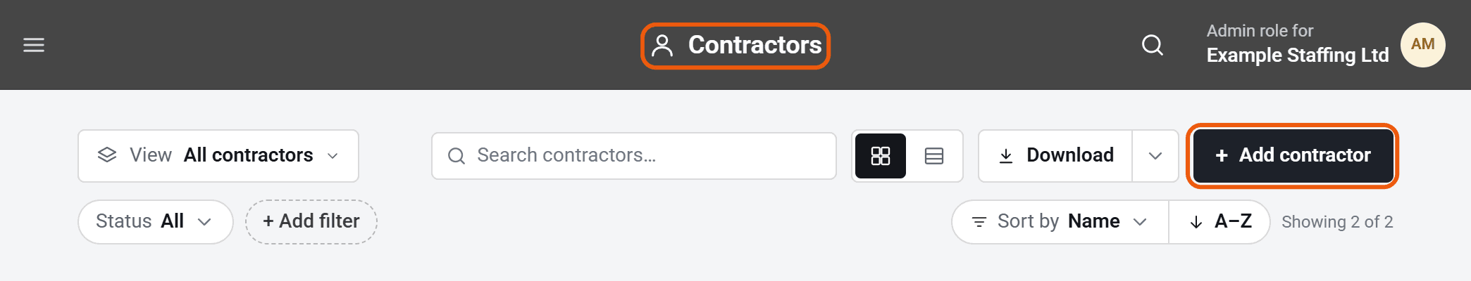 The Contractors list, with Contractors as the page title and an Add contractor button.