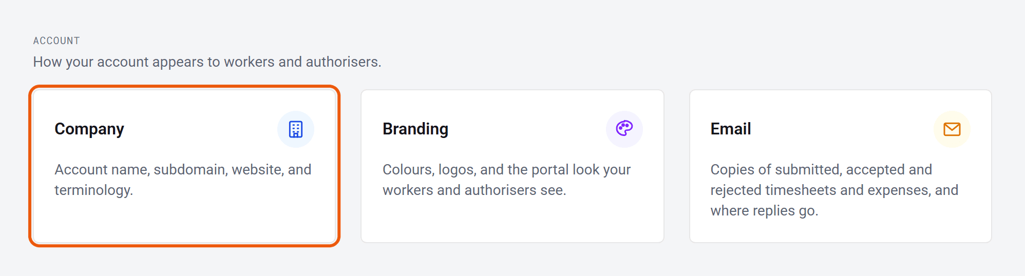 The Settings page, with the Company card under the Account heading.