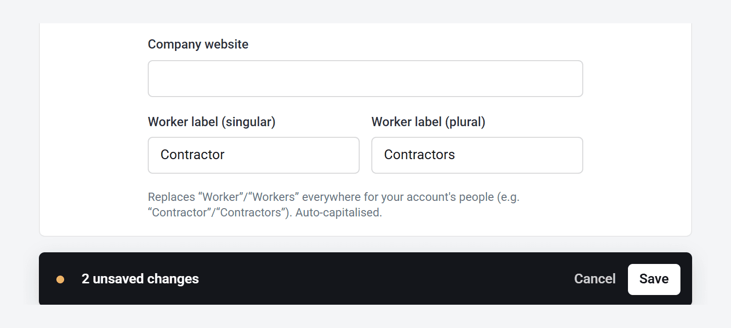 The Worker label boxes changed to Contractor and Contractors, with the Save button in the bar below.