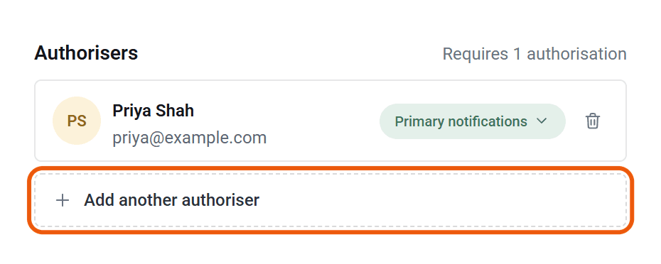 The open Timesheet section of a worker’s page. Under Authorisers, Priya Shah is listed with Primary notifications, and Add another authoriser is ringed.