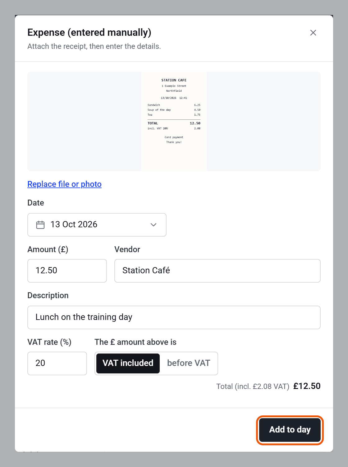 An expense with a café receipt attached: Amount 12.50, Vendor Station Café, Description Lunch on the training day, VAT rate 20 with VAT included, and the Add to day button ringed.