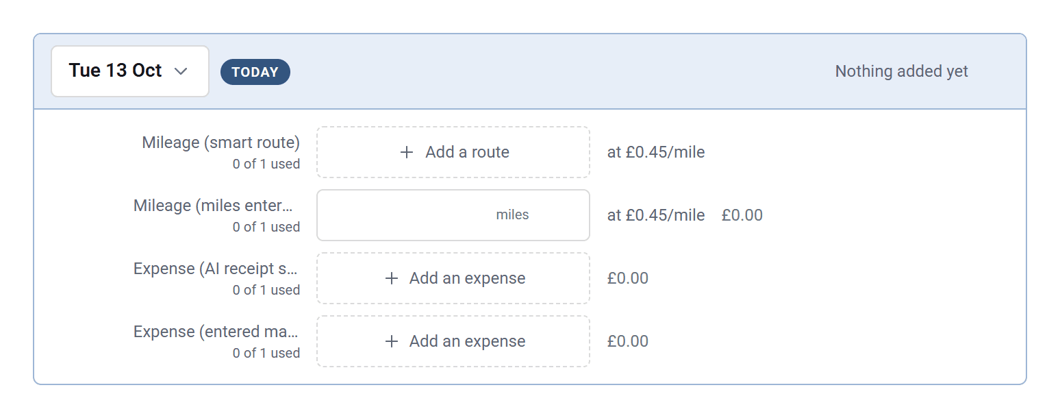 A new claim for Tue 13 Oct, with a row for each kind of expense: Mileage (smart route), Mileage (miles entered), Expense (AI receipt scan) and Expense (entered manually).
