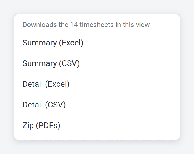 The Download menu, offering Summary and Detail spreadsheets in Excel or CSV, and Zip (PDFs).