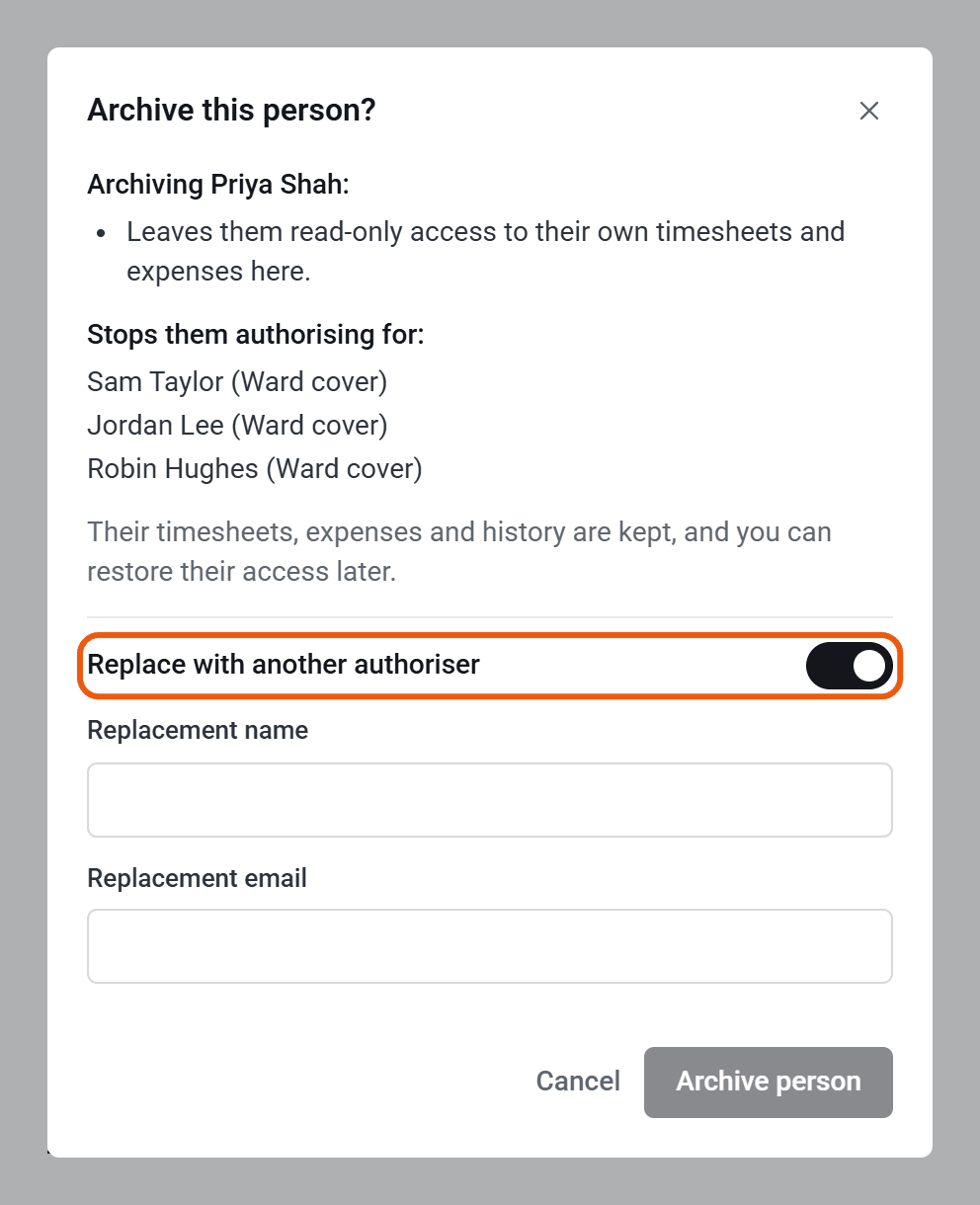 Archive this person? for Priya Shah. It lists the three workers they authorise, and Replace with another authoriser is switched on and ringed, with Replacement name and Replacement email boxes.