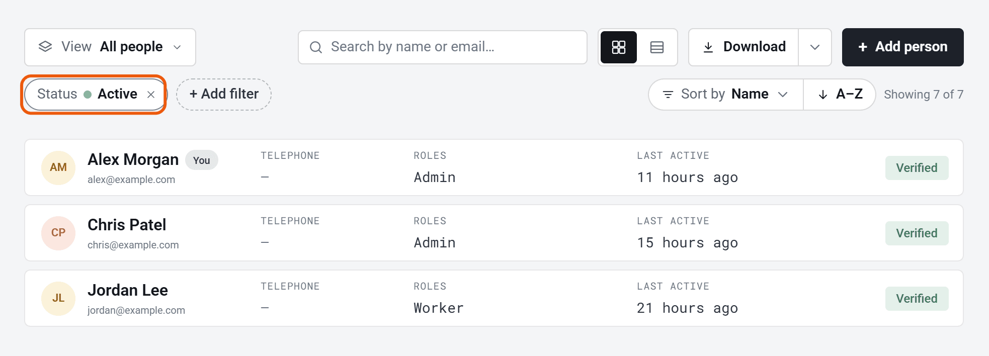 The People list, filtered to Status Active, with the Status filter ringed.