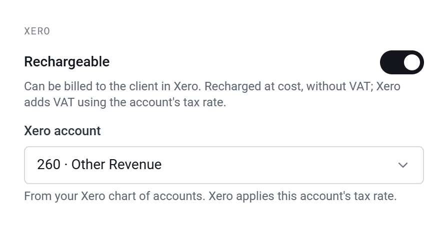 The Xero section of an expense field, with Rechargeable switched on and Xero account set to 260 · Other Revenue.