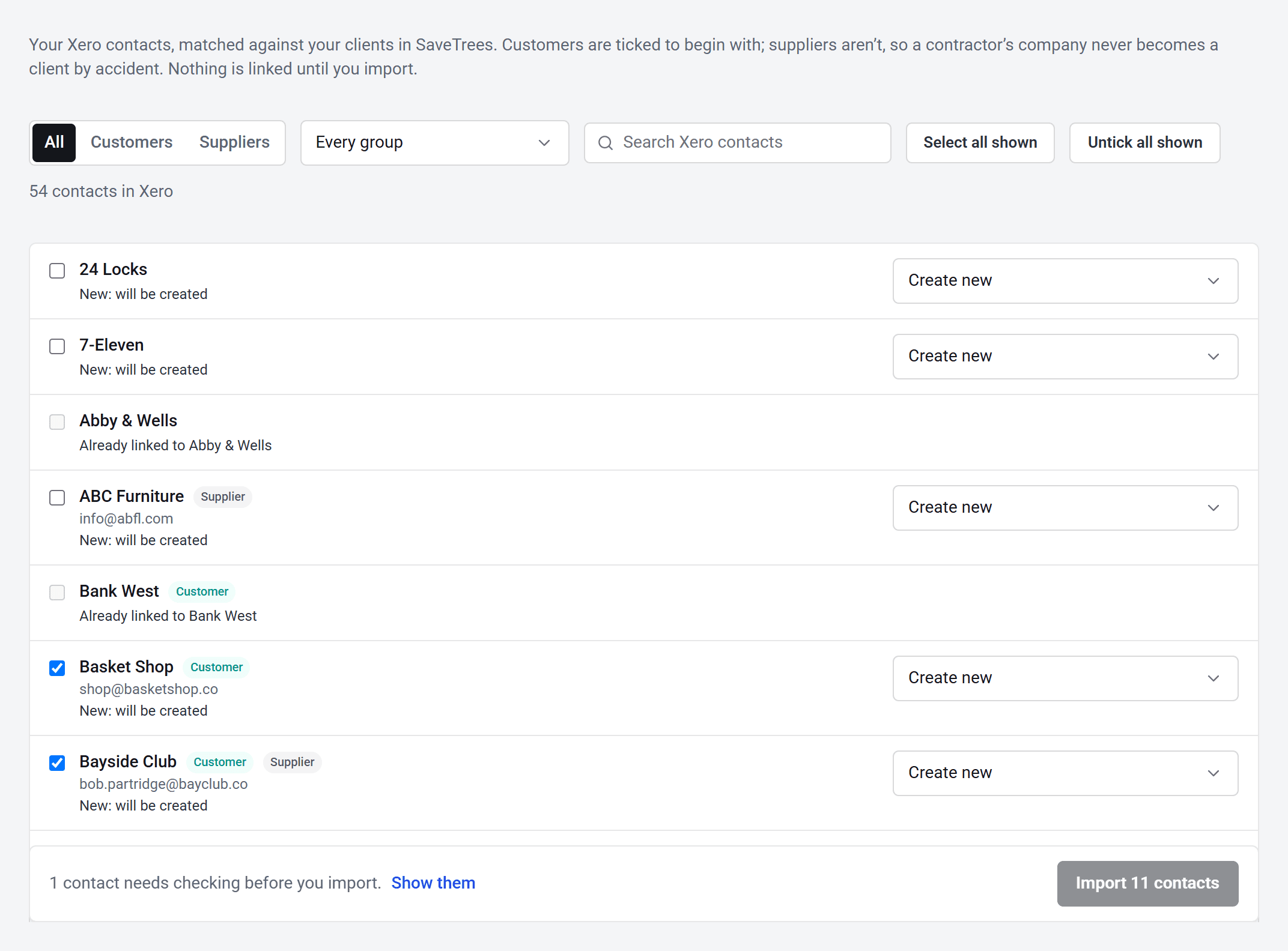 The Import clients from Xero page, listing Xero contacts with Create new beside each one, and Import 11 contacts at the bottom.
