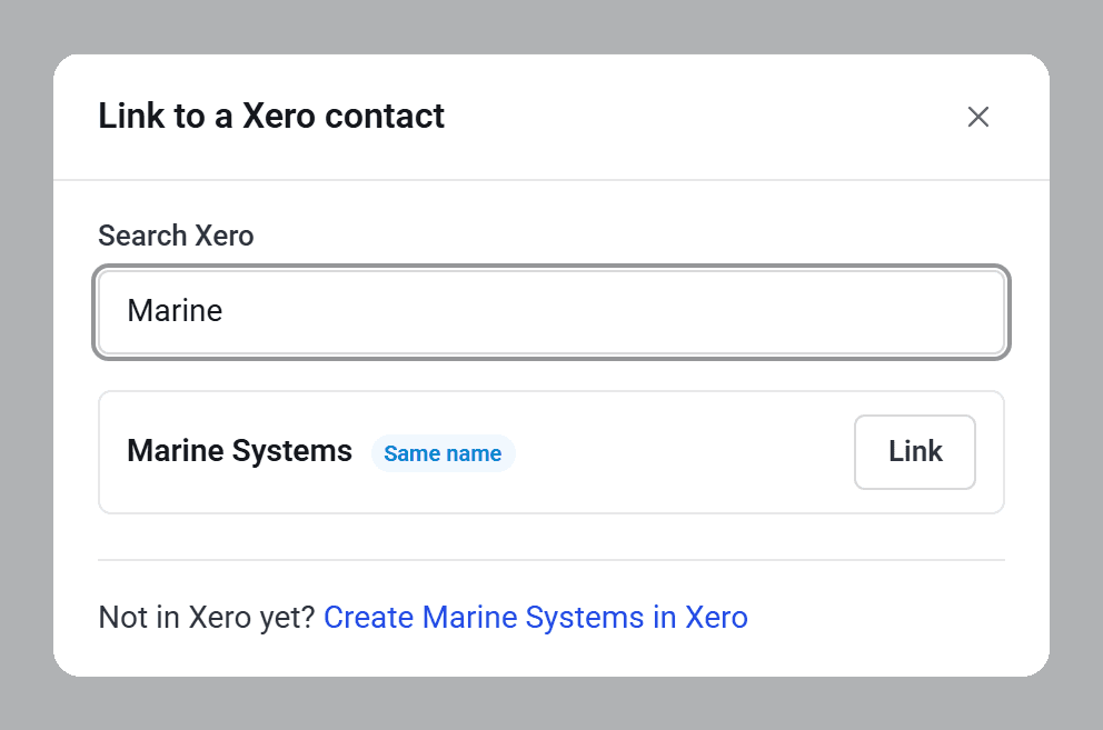 The Link to a Xero contact window, finding Marine Systems with a Same name tag and a Link button.