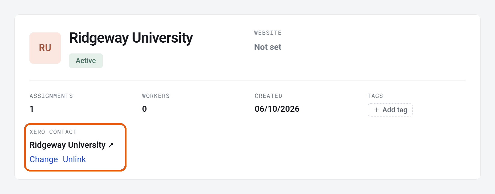 Ridgeway University’s page, with its Xero contact, Change and Unlink ringed.