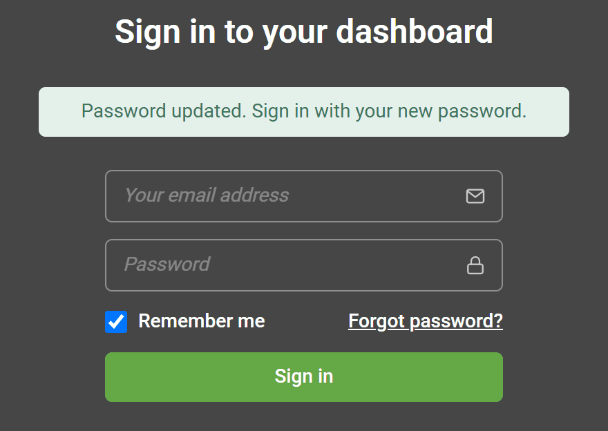 The sign-in page showing the message: Password updated. Sign in with your new password.