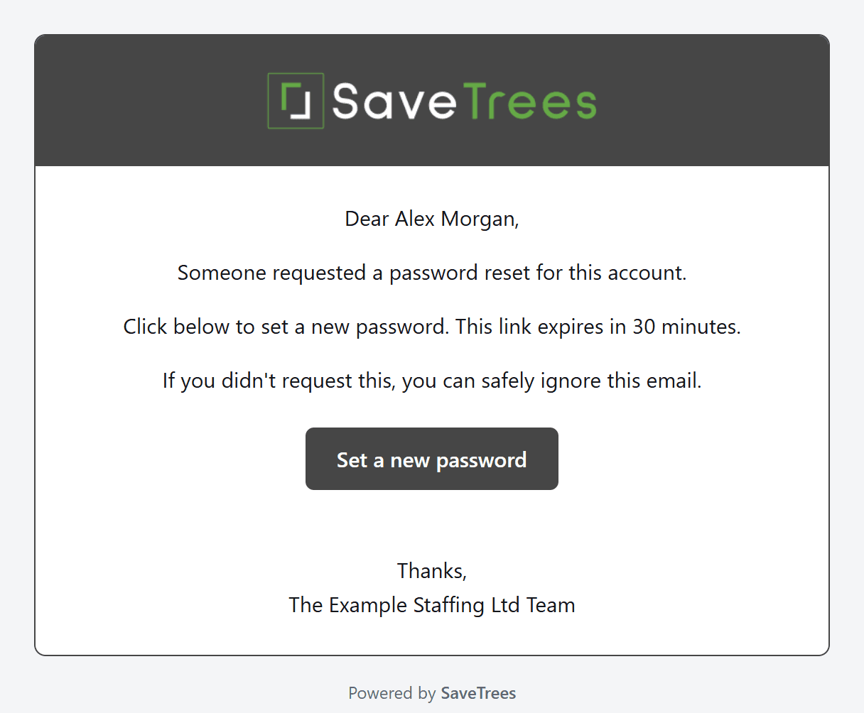 The password reset email, with the Set a new password button.