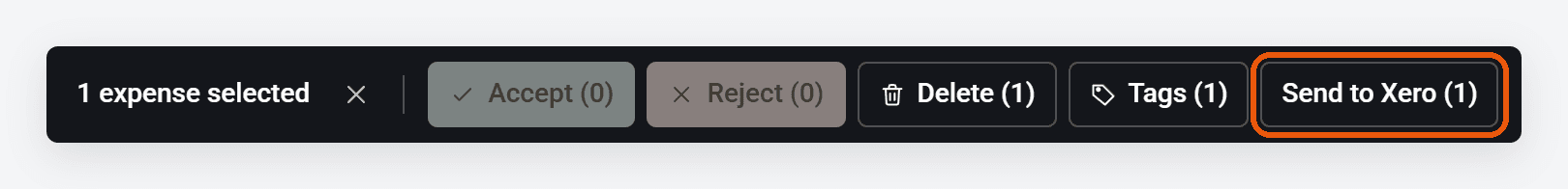 The bar at the bottom of the Expenses list with 1 expense selected, and Send to Xero (1) ringed.