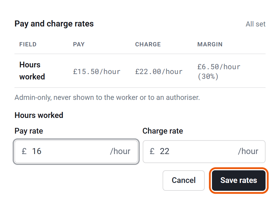 Editing the rates for Hours worked: Pay rate changed to 16, Charge rate 22, with Cancel and Save rates, ringed.