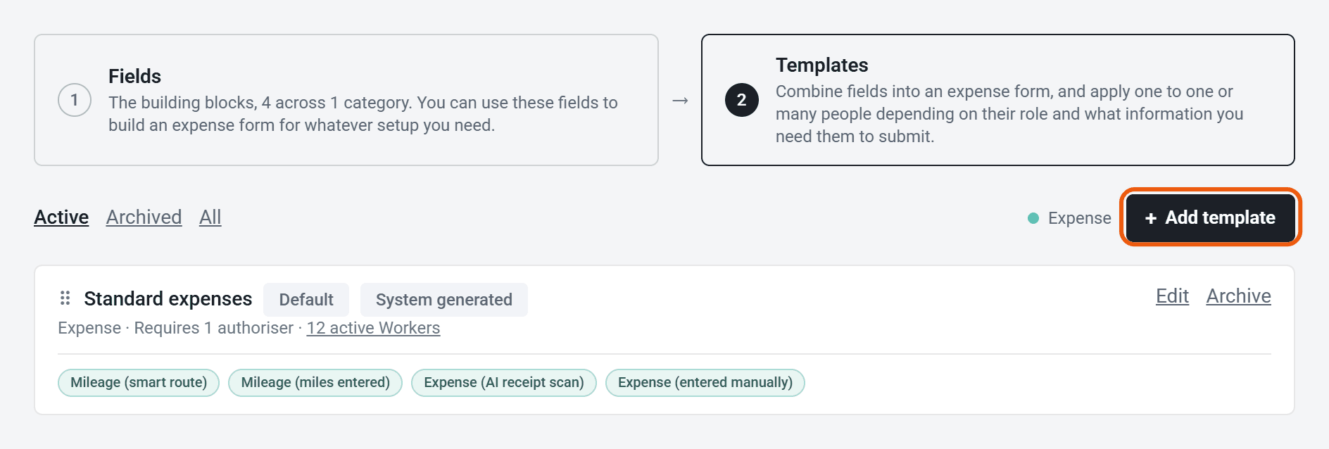 Expense templates, with the Standard expenses template and its four fields, and the Add template button ringed.