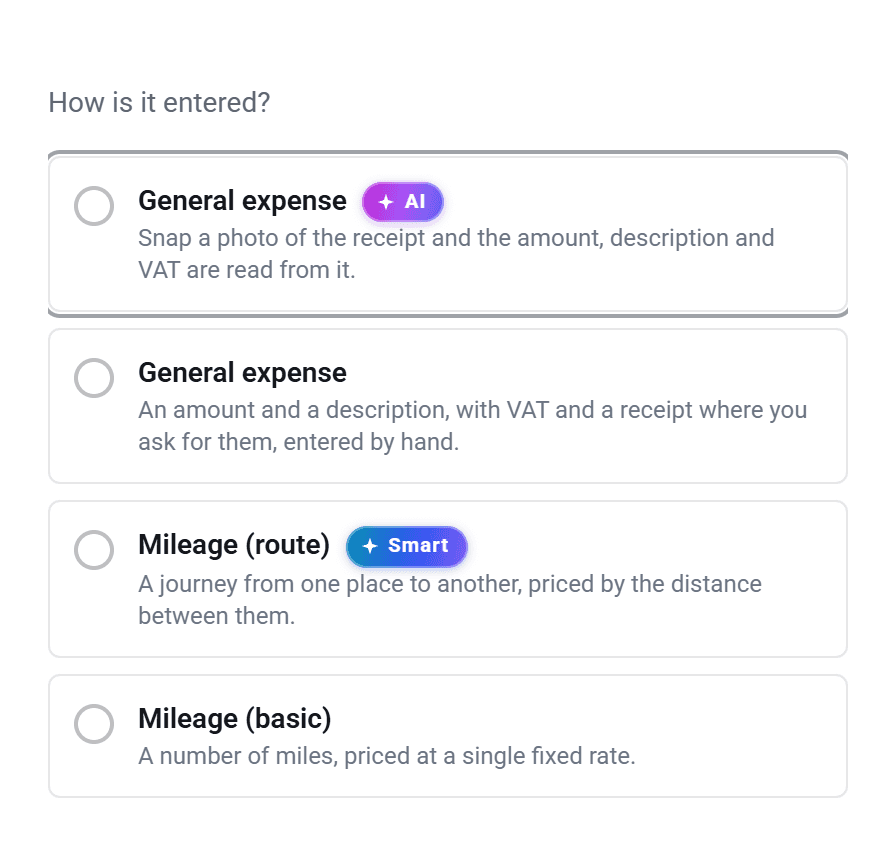 How is it entered? General expense with AI receipt reading, General expense entered by hand, Mileage (route) and Mileage (basic).